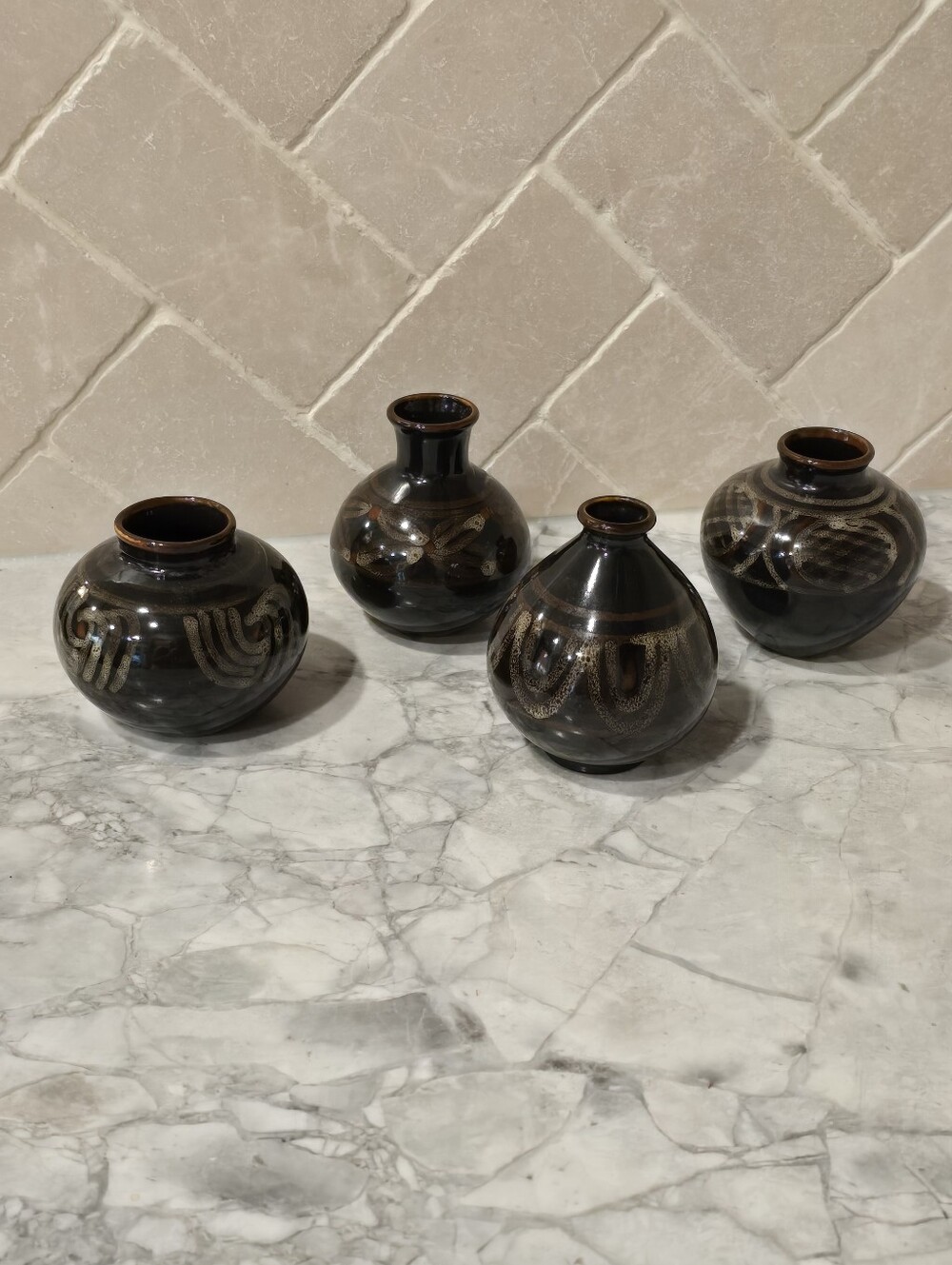 4 Vintage Studio Art Pottery Mini Bud Vases Pots Dark Brown Organic Modern